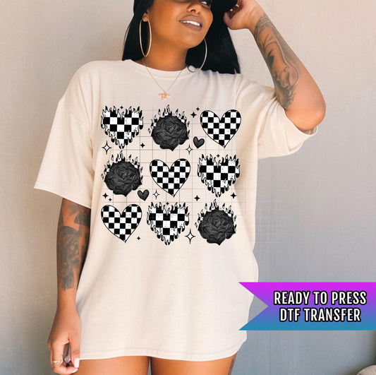 Checker Hearts Rose Grid DTF Transfers Ready For Press, Floral Heart DTF Prints, Heat Press Transfers, Direct To Film, Lovers Dtf Transfers