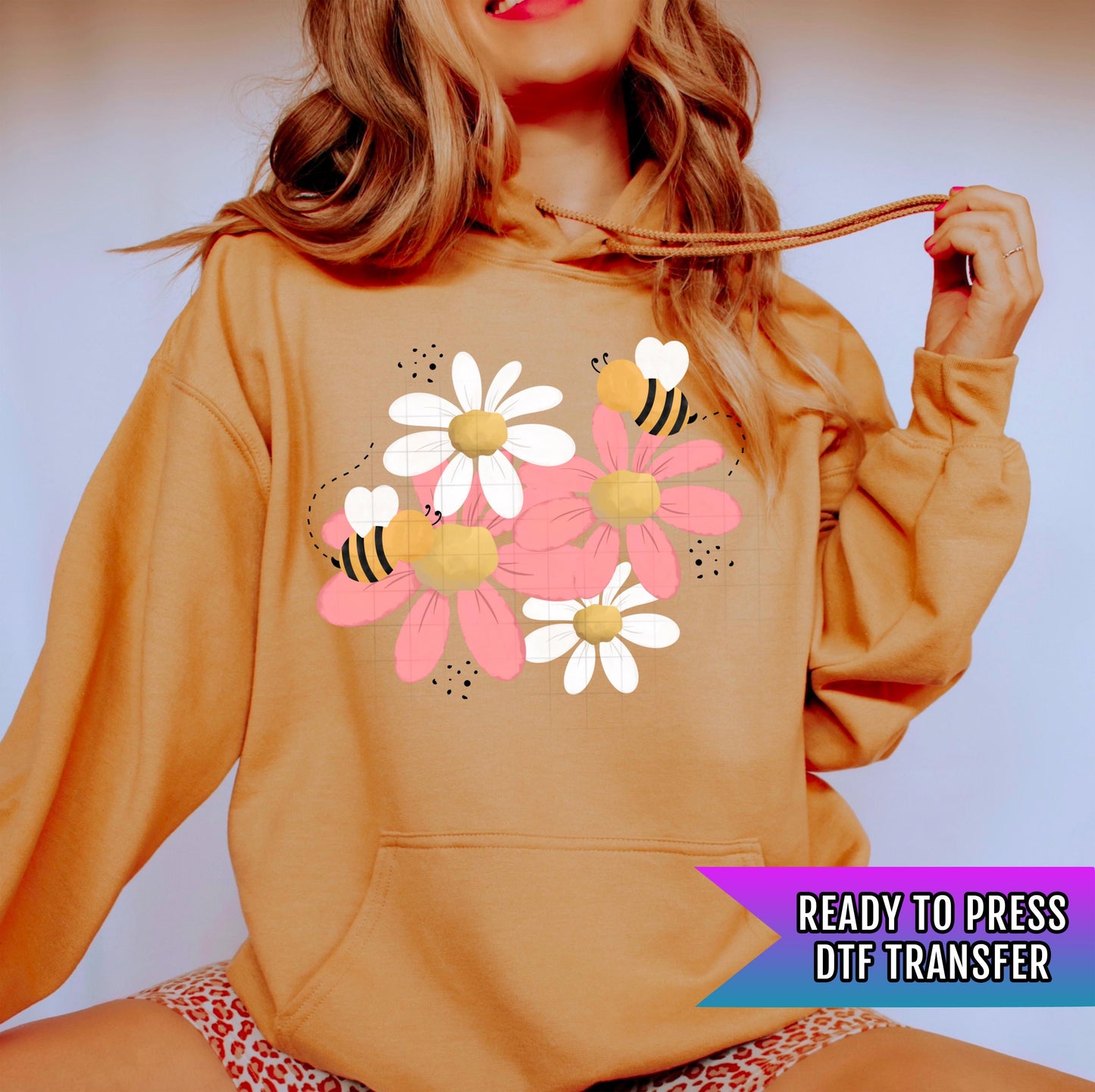 Honeycomb Bees DTF Transfer Ready For Press, Bee Lover Dtf Print, Direct To Film, Heat Press Transfer, Honey and Bees Transfer, Pink Flowers