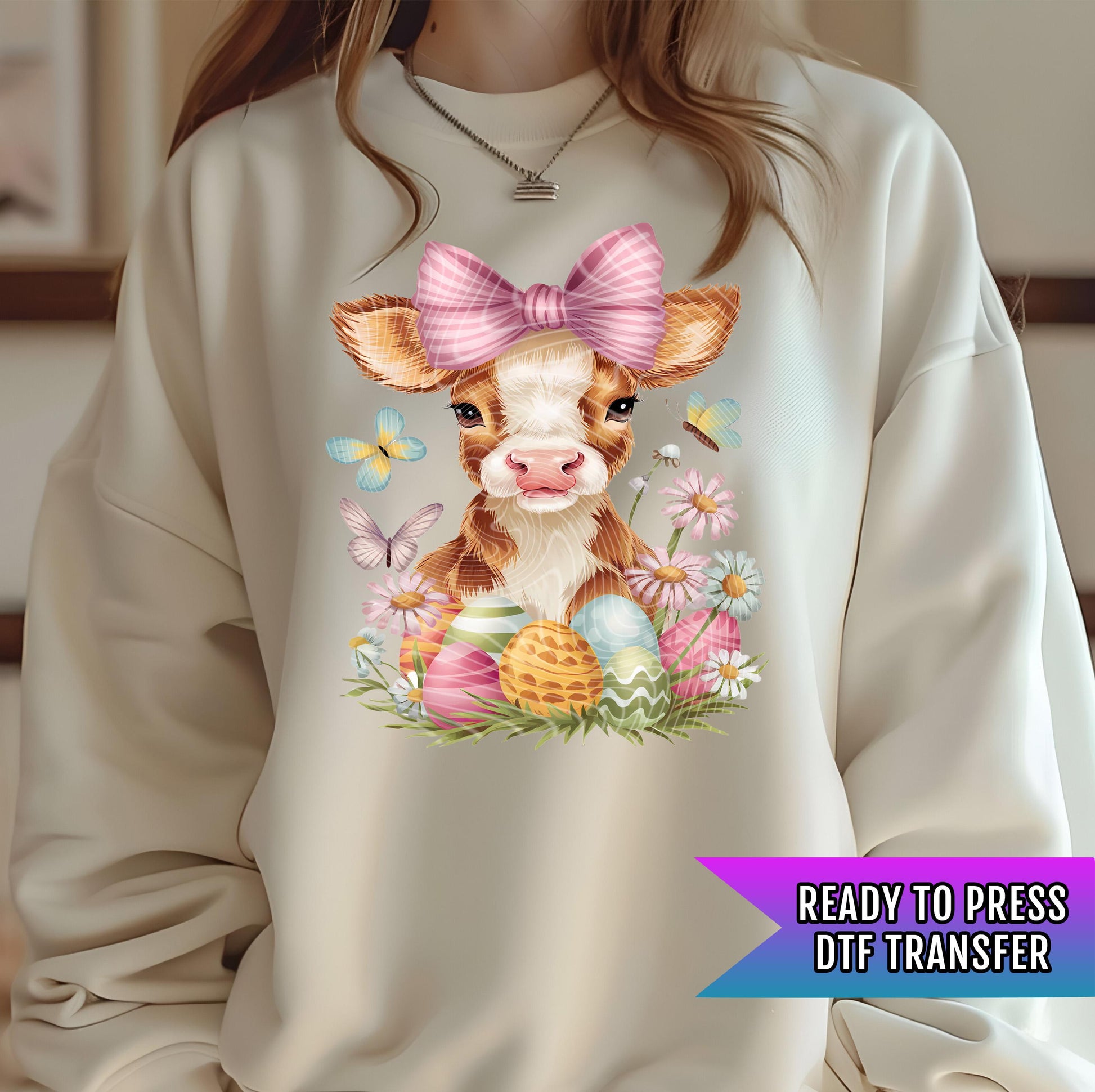 Easter Cow DTF Transfer Ready For Press, Easter Bunny Dtf Prints, Direct To Film, Cow DTF Print, Easter Transfers, Heat Press Transfer