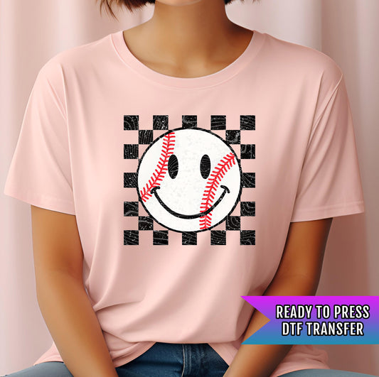 Baseball Happy Face DTF Transfers Ready For Press, Baseball DTF Prints, Heat Press Transfer, Direct To Film, Checkered Baseball Dtf Transfer