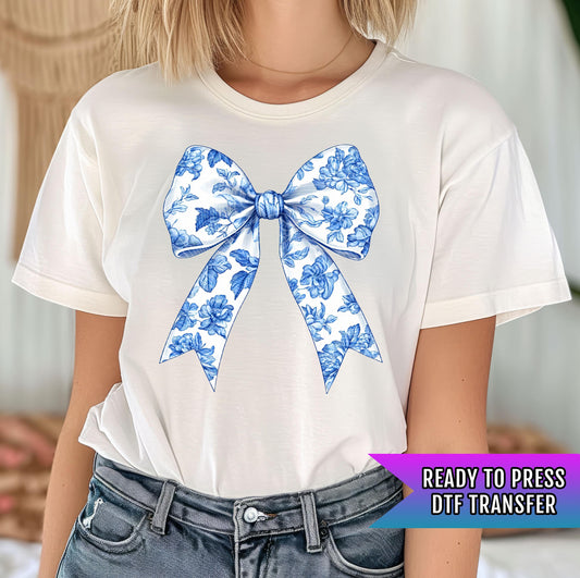 Chinoiserie Bow DTF Transfer, Blue Floral Bow DTF Print, Coquette Bow DTF Prints, Ready to Press, Hot Peel Transfer, High Quality Print