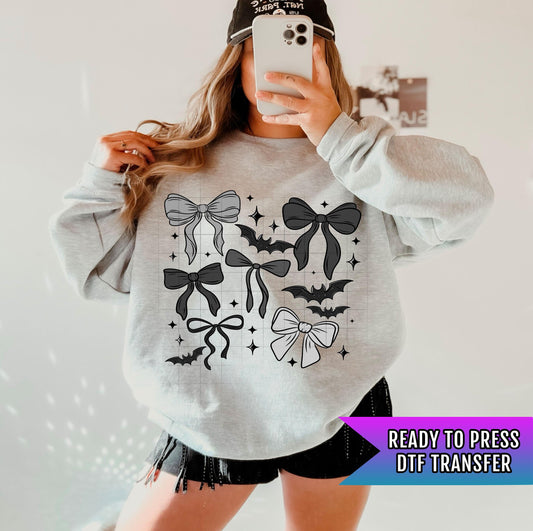 Bats And Bows DTF Transfer, Bats DTF Transfer Ready For Press, Heat Press Transfer, Bats Dtf Prints, Girly Halloween, Spooky Cute Transfer