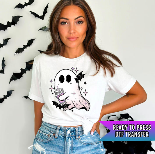 Iced Coffee Ghost DTF Transfer Ready To Press, Ghost Dtf Prints, Bats DTF Prints, Cute Ghost DTF Print, Halloween Dtf Transfer, Spooky Dtf