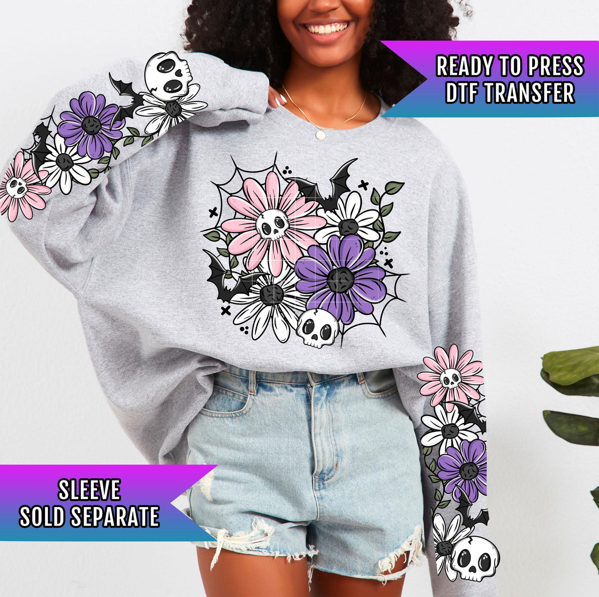 Skellie Bat Florals DTF Transfer Ready For Press, Flowers DTF Print, Heat Press Transfer, Direct To Film, Floral Dtf Print, Custom Dtf Print