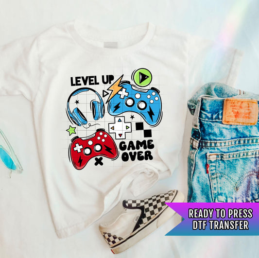 Level Up Game Over DTF Transfers Ready For Press, Kids Dtf Prints, Direct To Film, Heat Press Transfers, Custom Dtf Prints, Custom Transfers