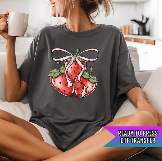 Strawberry Bow DTF Transfer, Strawberry Season DTF Transfer Ready For Press, Strawberry Dtf Print, Direct To Film, Heat Press Transfer