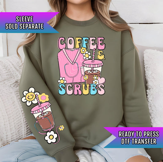 Coffee And Scrubs DTF Transfer Ready For Press, Nurse Dtf Print, Direct To Film, DTF Print, Nurse Transfers, Heat Press Transfer, Hot Peel