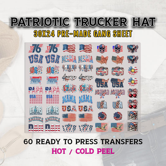 Patriotic Hat DTF Gang Sheet, 4th of July Transfer, Trucker Hat Patch, America DTF Transfer Ready For Press, Patriotic DTF Print, Hat Dtf