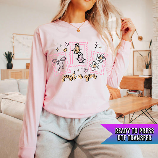 Just A Girl DTF Transfer Ready For Press, Coquette Bow Dtf Print, Butterfly DTF Transfers, Heat Press Transfer, Direct To Film, Just A Girl