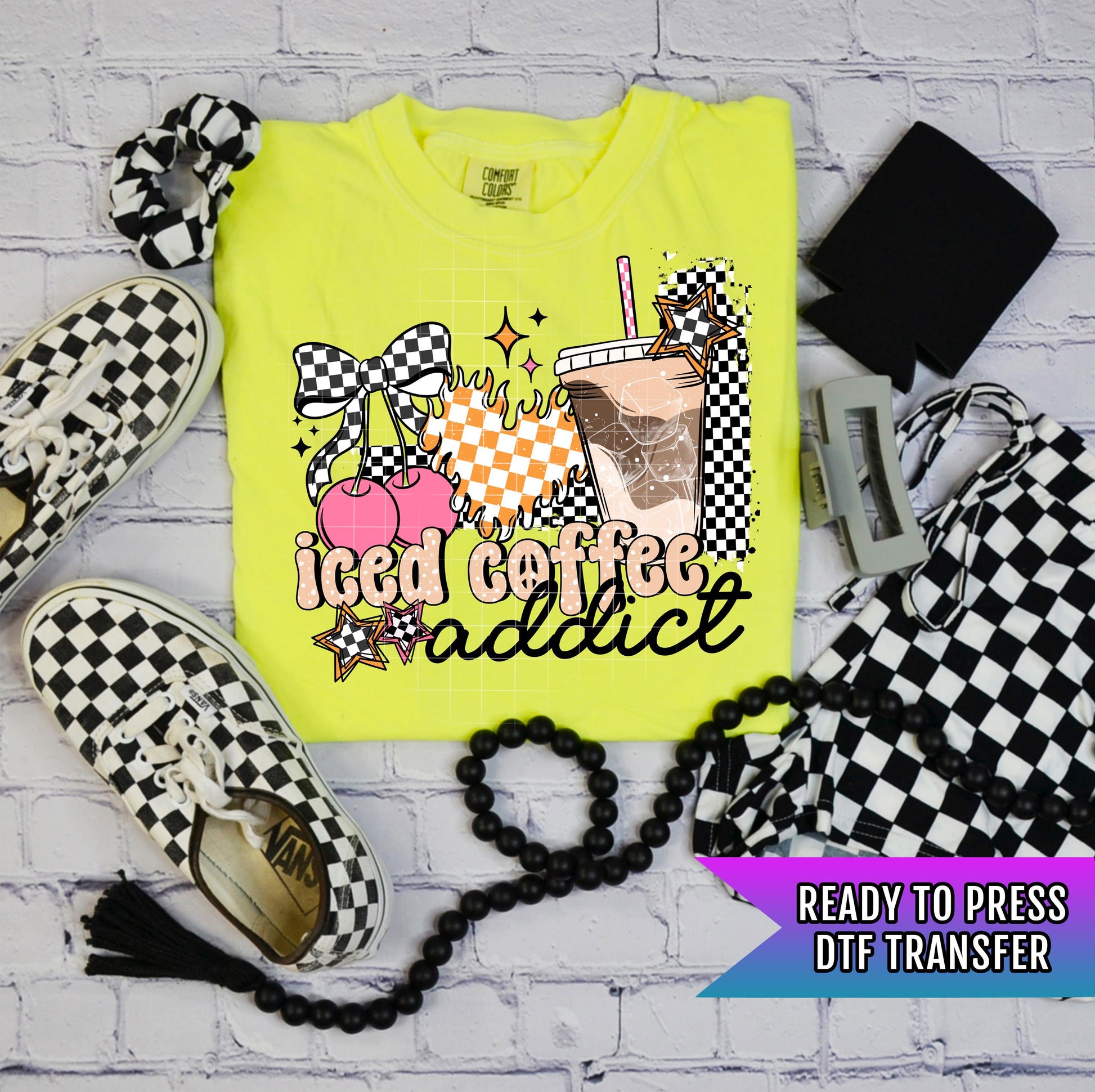 Iced Coffee Addict DTF Transfer Ready For Press, Coffee Dtf Print, Coquette Bow DTF, Heat Press Transfer, Direct To Film Custom Transfer