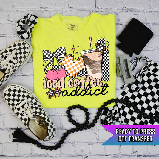 Iced Coffee Addict DTF Transfer Ready For Press, Coffee Dtf Print, Coquette Bow DTF, Heat Press Transfer, Direct To Film Custom Transfer