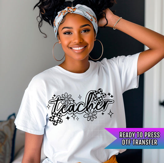 Retro Teacher DTF Transfer Ready For Press, Teacher Stuff Dtf Print, Direct To Film, Heat Press Transfer, Flower Back To School Dtf Transfer