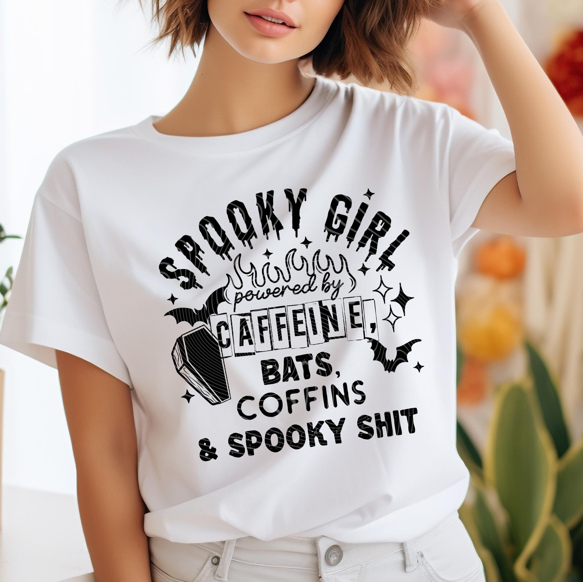 Spooky Girl Powered By Caffeine DTF Transfer Ready For Press, Sarcastic DTF, Heat Press Transfer, Direct To Film, Humor DTF, Custom Transfer
