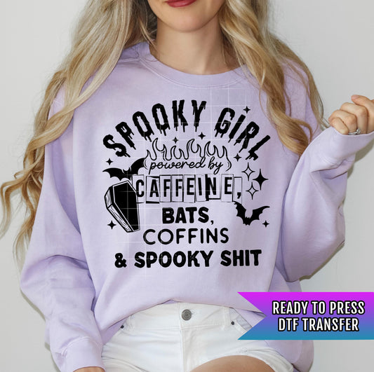 Spooky Girl Powered By Caffeine DTF Transfer Ready For Press, Sarcastic DTF, Heat Press Transfer, Direct To Film, Humor DTF, Custom Transfer