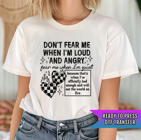 Don&#39;t Fear Me DTF Transfer Ready For Press, Sarcastic DTF, Heat Press Transfers Direct To Film, Dark Humor DTF Transfers, Custom Transfers