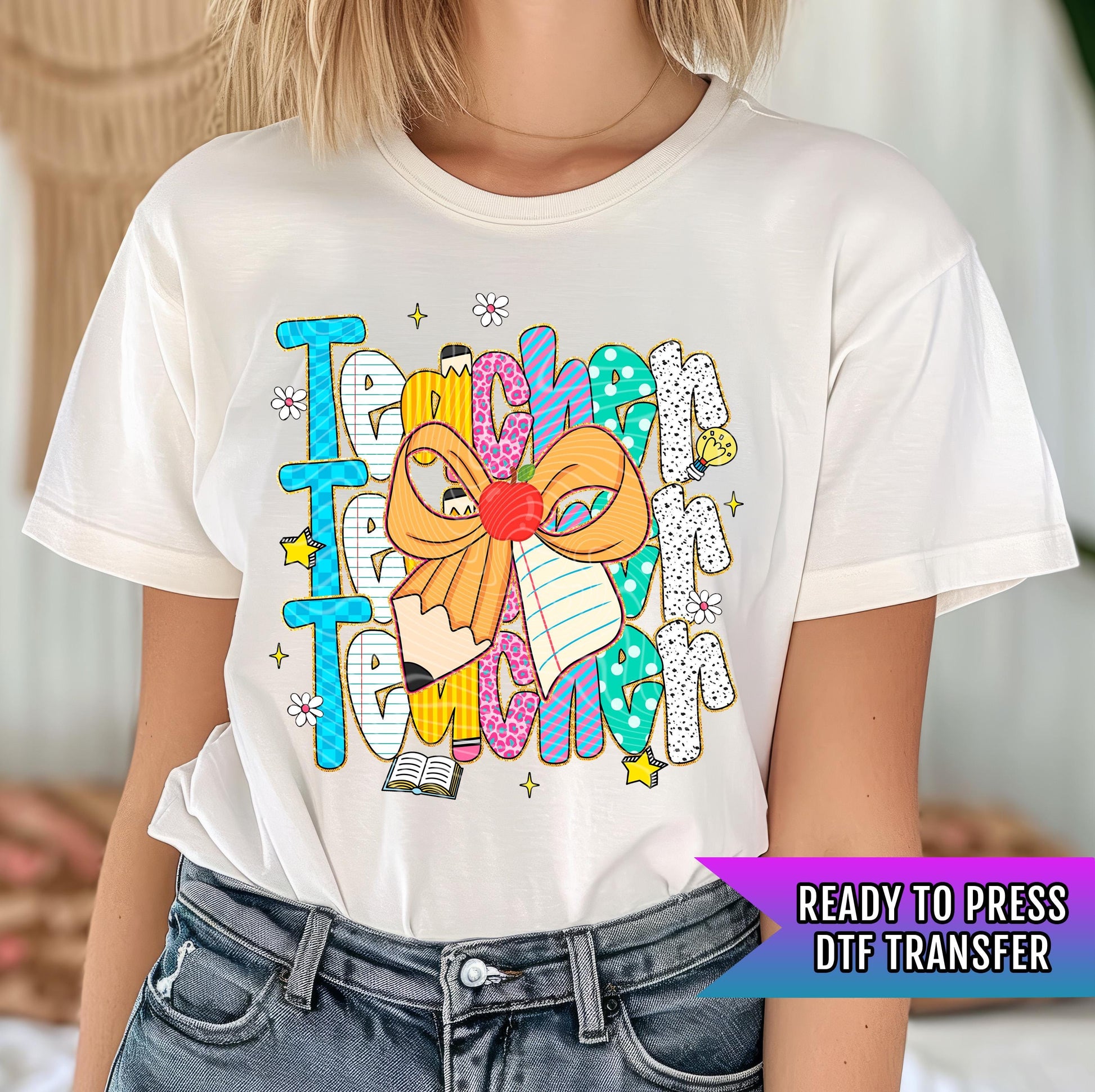 Teacher DTF Transfer Ready For Press, Coquette Bow Dtf Print, Direct To Film, Heat Press Transfer, Teacher, School Transfer, Custom Transfer
