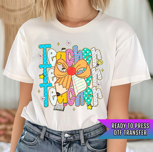 Teacher DTF Transfer Ready For Press, Coquette Bow Dtf Print, Direct To Film, Heat Press Transfer, Teacher, School Transfer, Custom Transfer