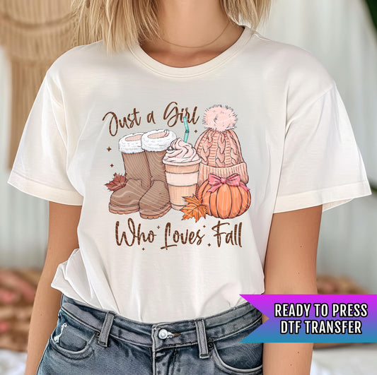 Just A Girl Who Loves Fall DTF Transfer Ready For Press, Fall DTF Print, Coquette Bow, Pumpkin Dtf Print Heat Press Transfer Custom Transfer
