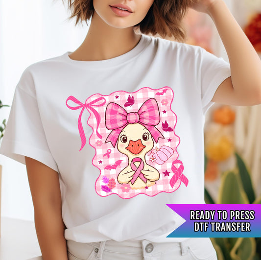 Cute Duck Pink Ribbon DTF Transfers Ready For Press, Cancer Fighter Dtf Print, Breast Cancer Awareness, Heat Press Transfer, Direct To Film