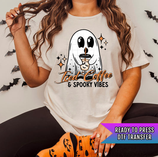 Iced Coffe & Spooky Vibes DTF Transfer, Halloween DTF Transfer Ready For Press, Horror, Heat Press Transfer, Direct To Film, Custom Transfer
