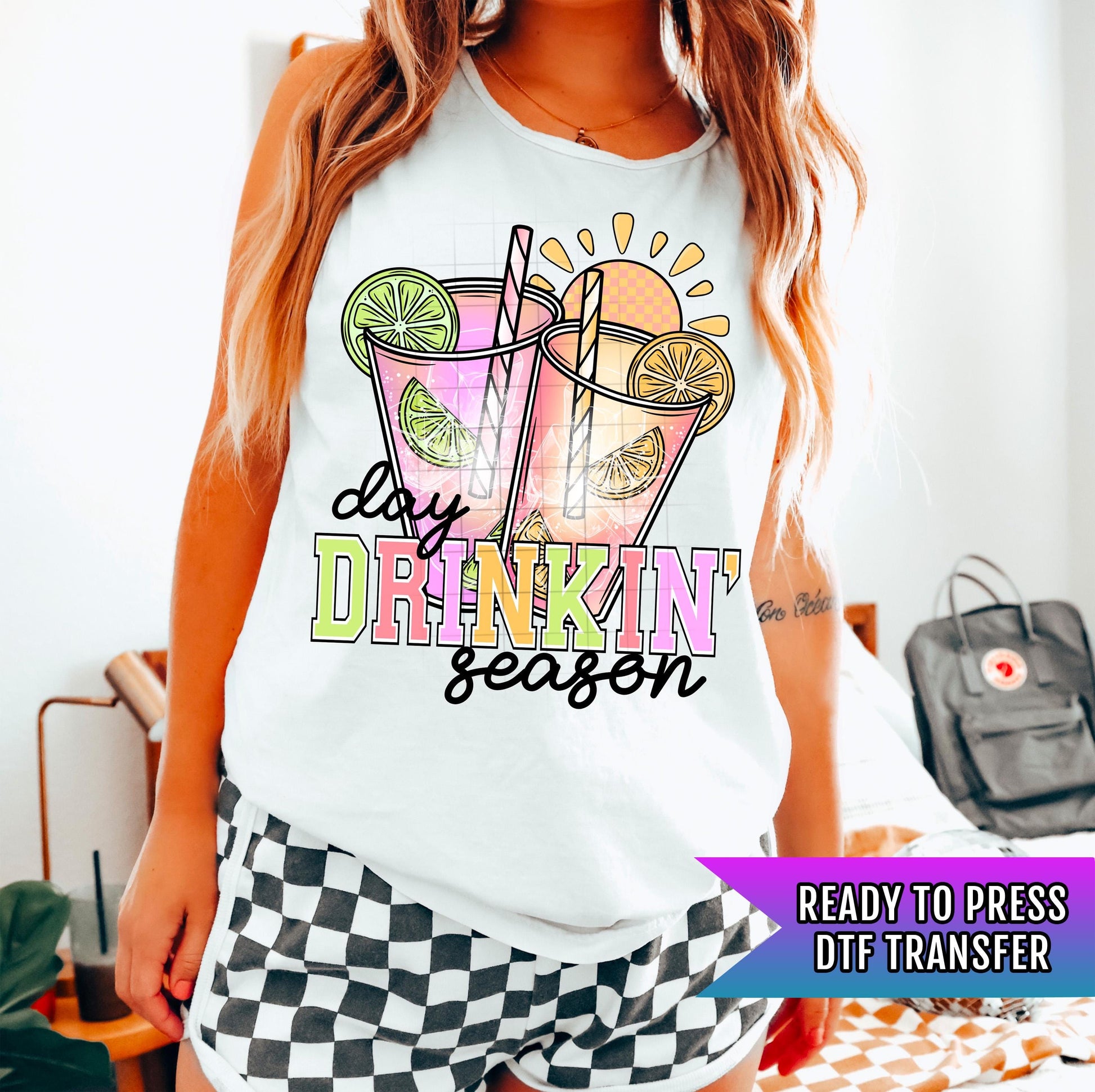 Day Drinkin&#39; Season DTF Transfer Ready For Press, Beach Dtf Print, Summer DTF Heat Press Transfer Coastal Dtf Direct To Film Custom Transfer