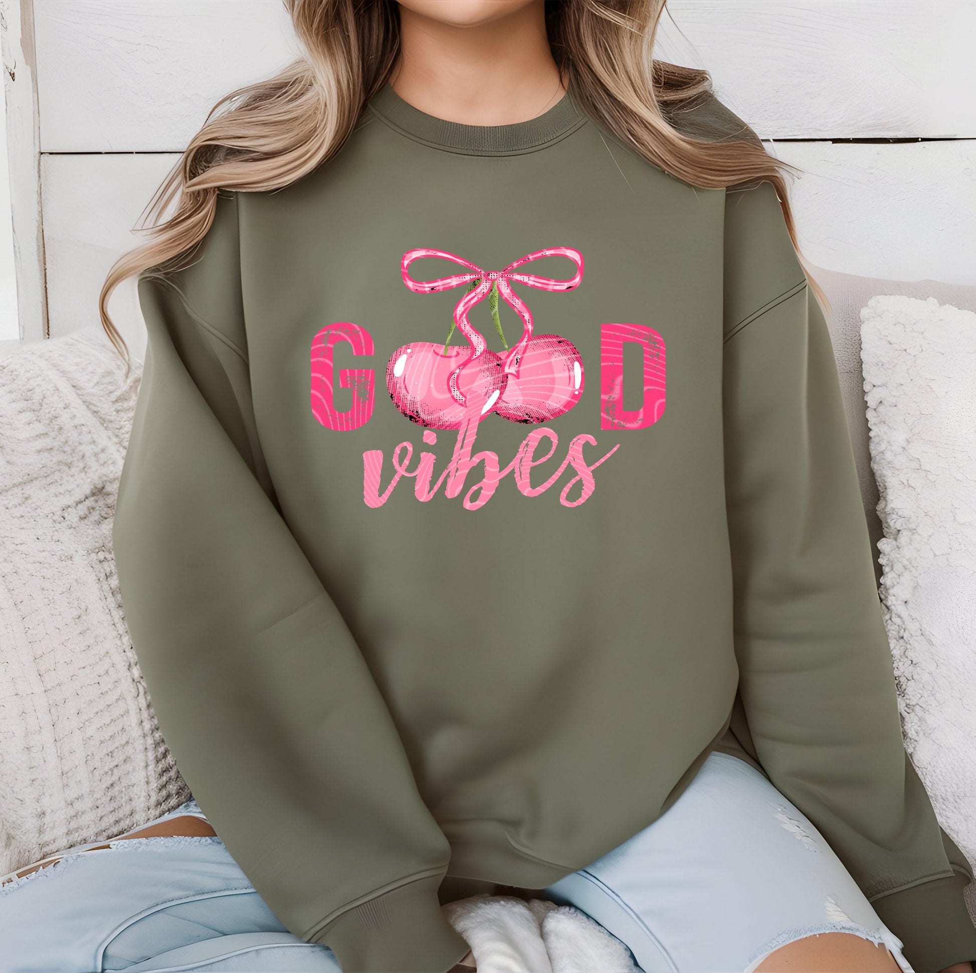Good Vibes Pink DTF Transfer Ready For Press, Coquette Bow DTF Prints, Heat Press Transfer, Direct To Film, Cherry Transfer, Custom Transfer