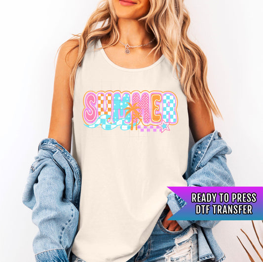 Checkered Summer Vibes DTF Transfer Ready For Press, Retro Summer Dtf Print, Sunshine, Heat Press Transfer, Direct To Film, Custom Transfer