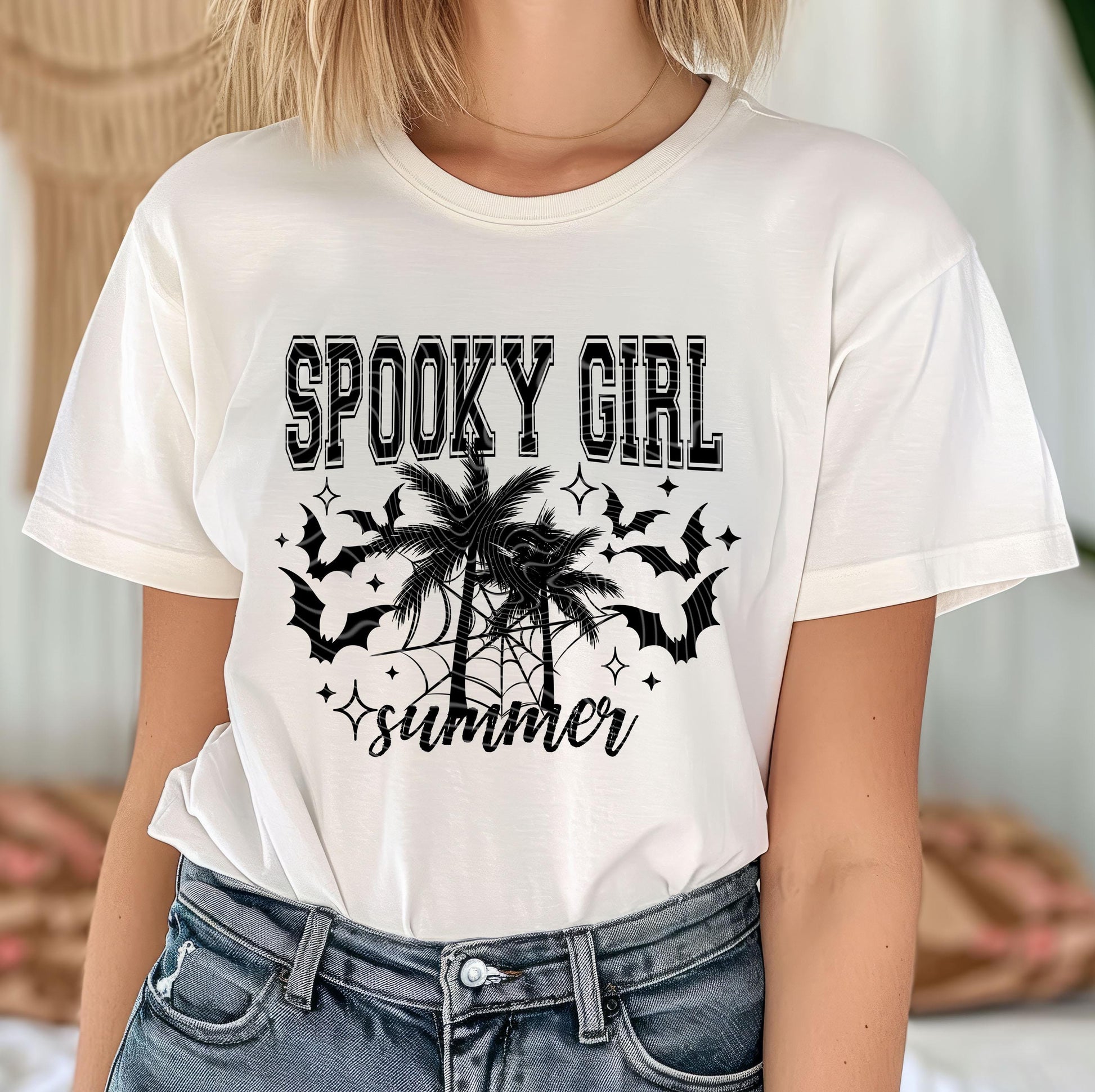 Spooky Girl Summer DTF Transfer Ready For Press, Halloween Beach Dtf Print, Palm Trees, Heat Press Transfer, Direct To Film Custom Transfers