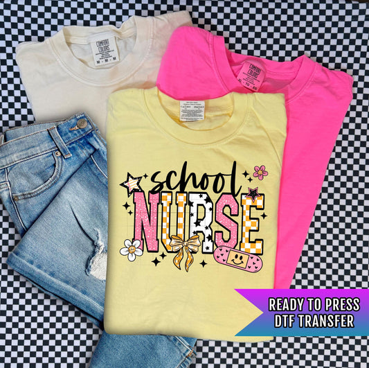 School Nurse DTF Transfer Ready For Press, Retro Checkerboard Nurse DTF Print, Heat Press Transfer Direct To Film Custom Transfer Healthcare