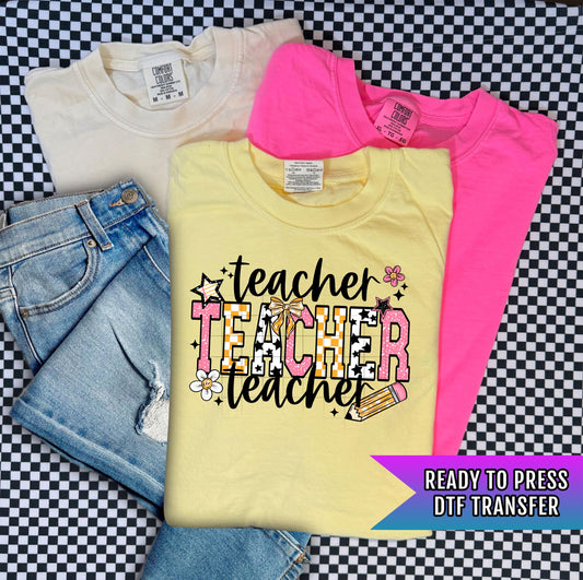 Teacher DTF Transfer Ready For Press, Retro Checkerboard Educator Dtf Print, Direct To Film Heat Press Transfer Custom Transfer School Staff