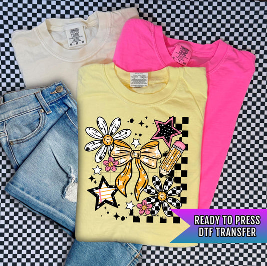 Retro Checkerboard Flowers DTF Transfers Ready For Press, Back To School Dtf Prints, Direct To Film, Heat Press Transfers, Custom Transfers