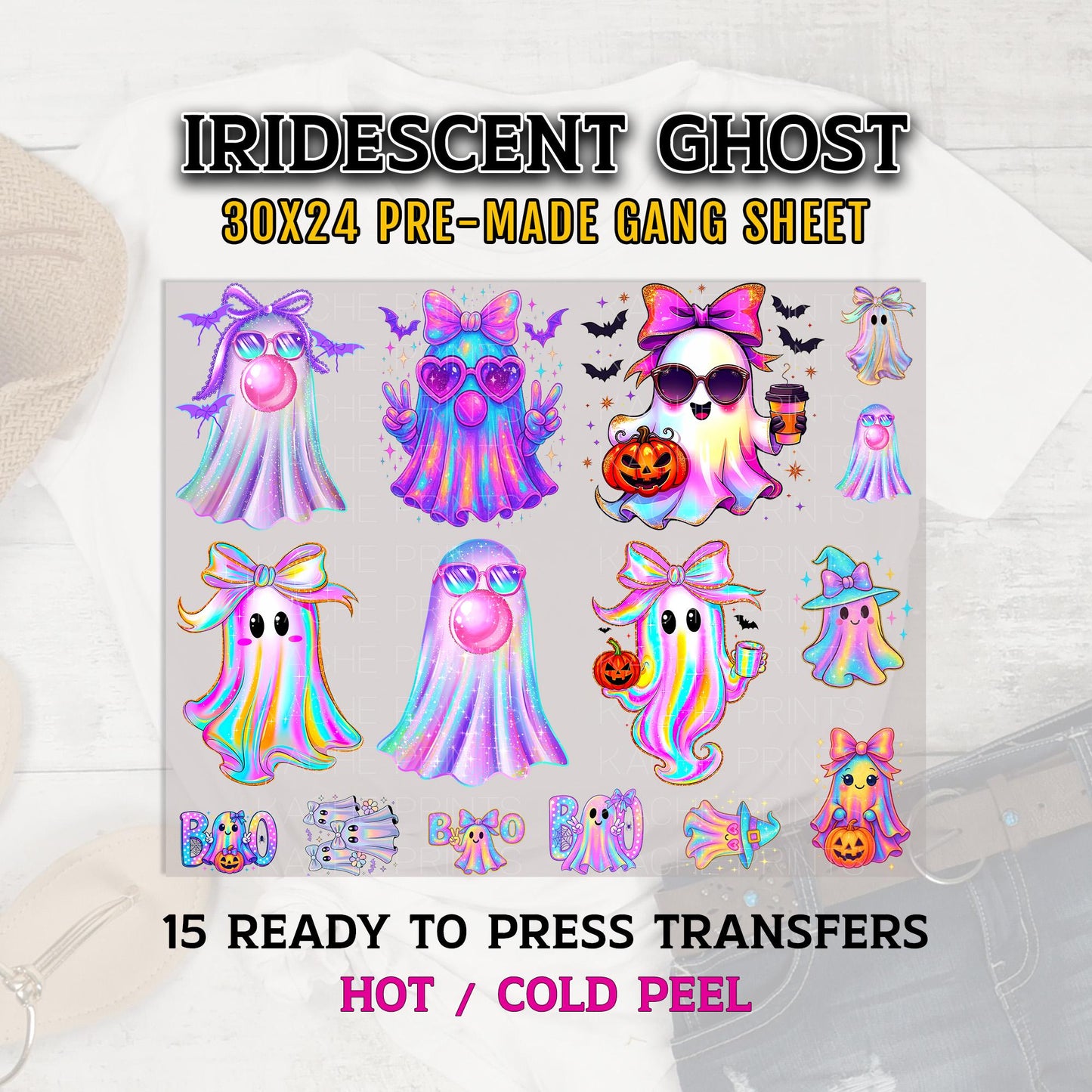 Iridescent Ghost DTF Transfer Ready For Press, Ghost Transfers, Halloween DTF Transfer, Ghosts DTF Prints, Direct to Film, Neon Halloween