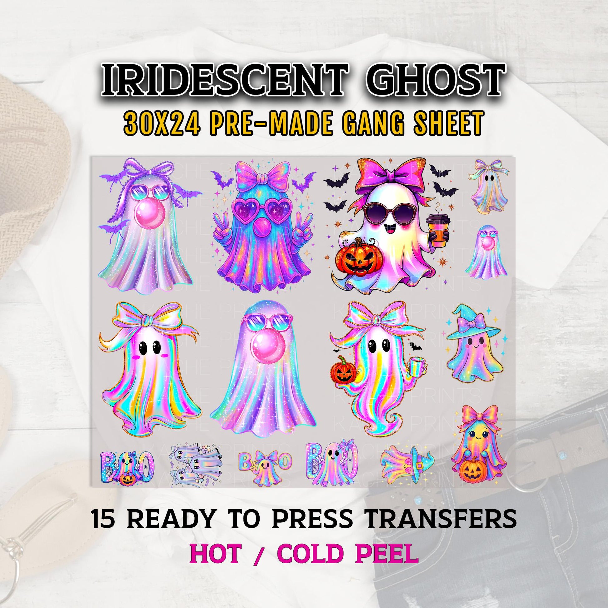 Iridescent Ghost DTF Transfer Ready For Press, Ghost Transfers, Halloween DTF Transfer, Ghosts DTF Prints, Direct to Film, Neon Halloween