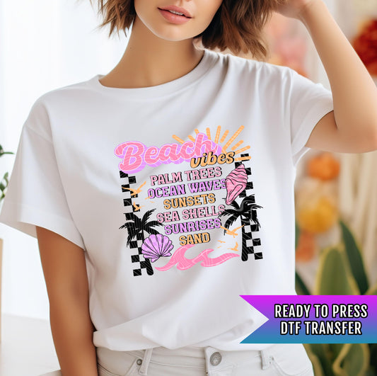 Beach Vibes DTF Transfer Ready For Press, Summer Dtf Print, Heat Press Transfer, Direct To Film, Retro Summer Palm Tree Dtf, Custom Transfer