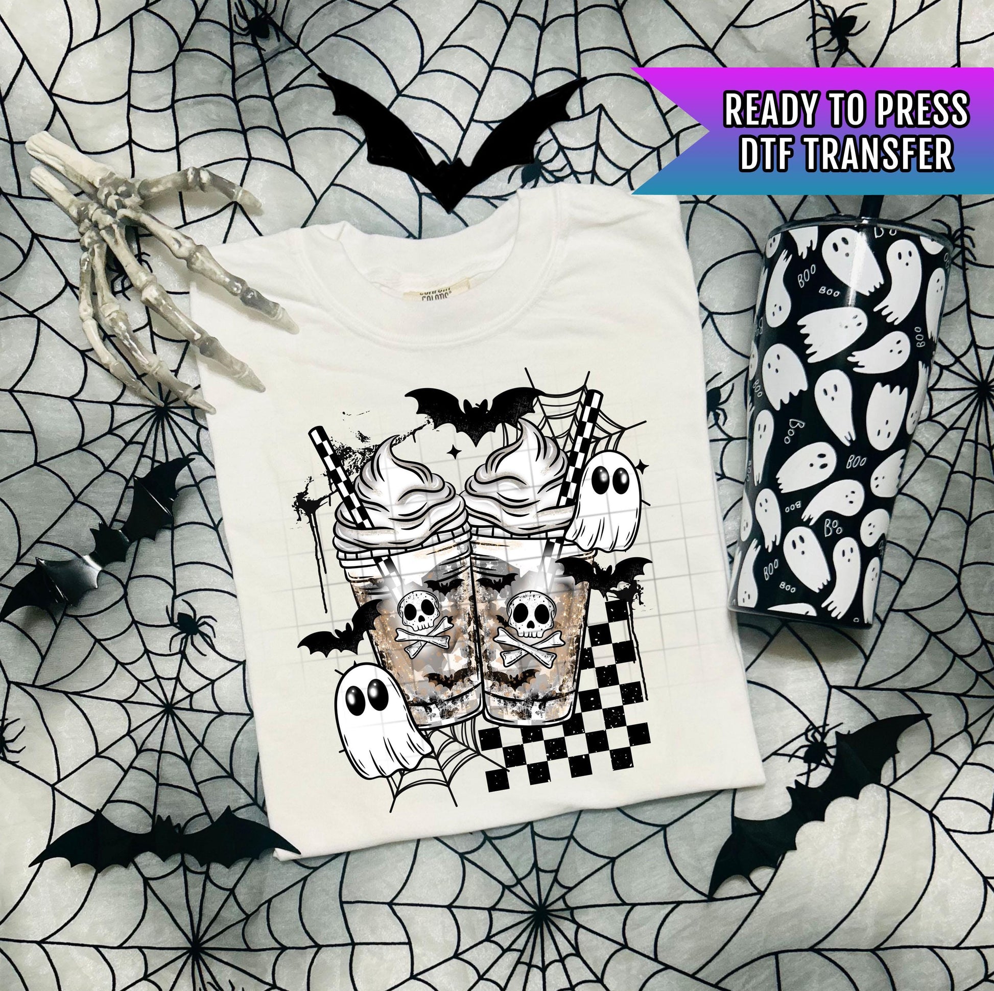Halloween Drink DTF Transfer, Halloween DTF Transfer Ready For Press, Spooky Coffee Ghost Skull Transfer, Heat Press Transfer Direct To Film