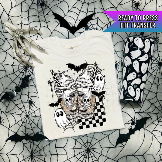 Halloween Drink DTF Transfer, Halloween DTF Transfer Ready For Press, Spooky Coffee Ghost Skull Transfer, Heat Press Transfer Direct To Film
