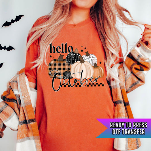 Hello October DTF Transfer Ready For Press, Fall Pumpkin Plaid DTF Print, Autumn Vibes Cozy Dtf Prints, Heat Press Transfer, Custom Transfer