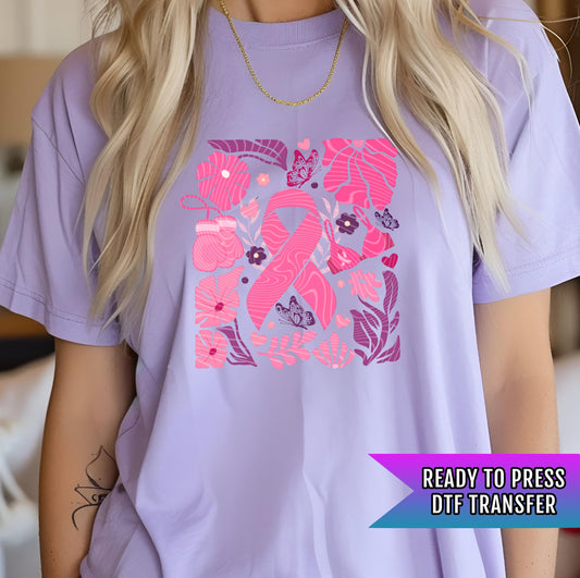 Pink Ribbon Floral DTF Transfers Ready For Press, Cancer Fighter Dtf Prints, Breast Cancer Awareness, Heat Press Transfers, Direct To Film