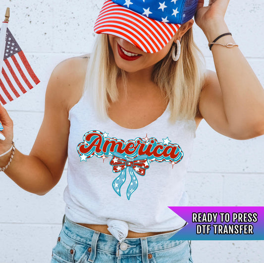 America Patriotic DTF Transfer Ready to Press, Coquette Bow Transfers, Heat Press Transfer, Direct To Film Custom Transfer Stars Stripes USA