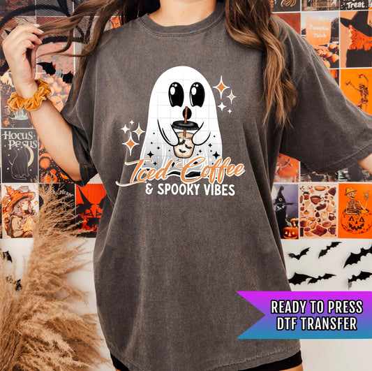 Iced Coffe & Spooky Vibes DTF Transfer, Halloween DTF Transfer Ready For Press, Ghost, Heat Press Transfer, Direct To Film, Custom Transfer
