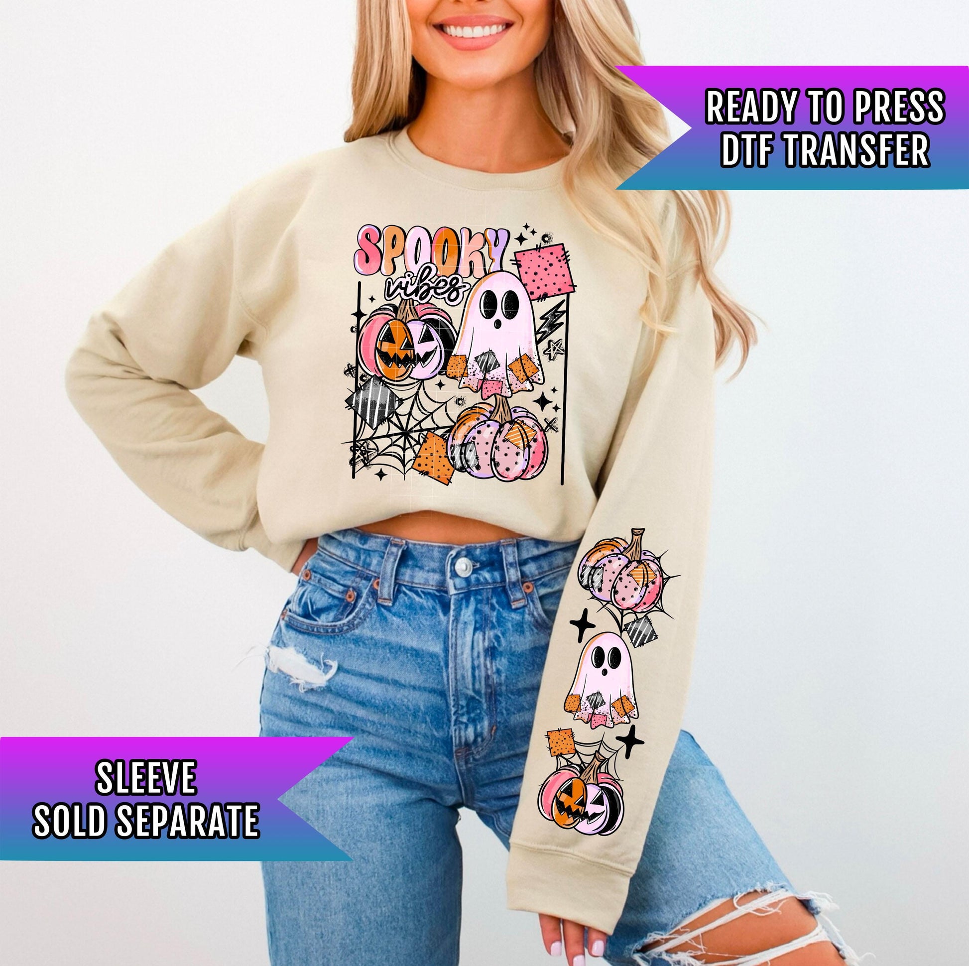 Spooky Vibes DTF Transfer, Cute Halloween Ghost DTF Transfers Ready For Press, Heat Press Transfer, Direct To Film, Custom Transfers, Spooky