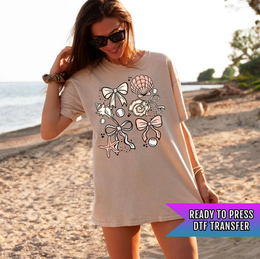 Beach Bows & Seashells DTF Transfer Ready For Press, Beach Vacation Dtf Print, Sunshine, Heat Press Transfer, Direct To Film Custom Transfer