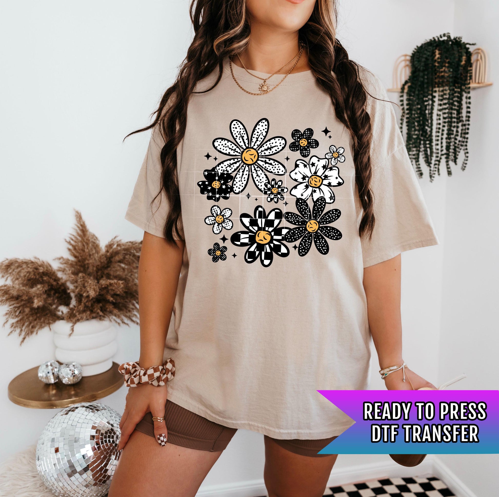 Retro Smiley Flower DTF Transfer Ready For Press, Direct To Film, Heat Press Transfer Floral Dtf Print Retro Flower Transfer Custom Transfer