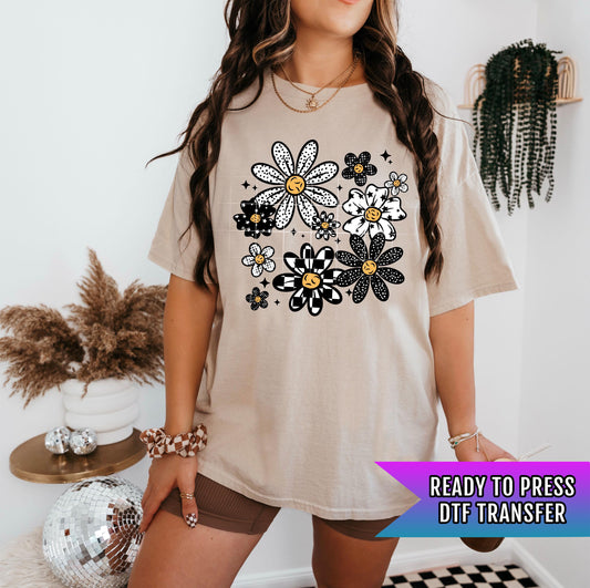 Retro Smiley Flower DTF Transfer Ready For Press, Direct To Film, Heat Press Transfer Floral Dtf Print Retro Flower Transfer Custom Transfer