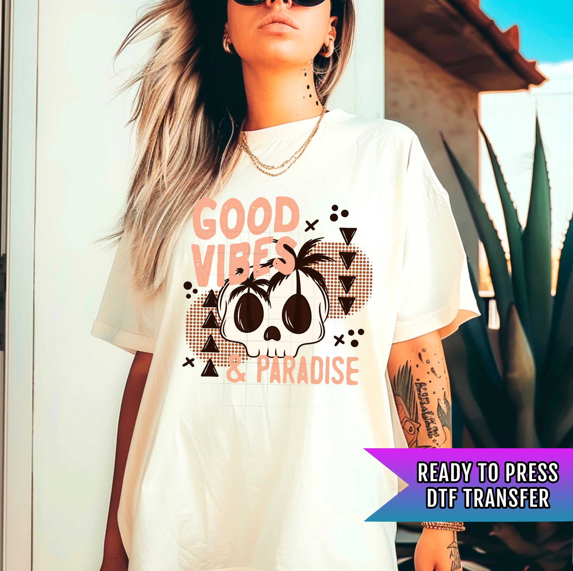 Good Vibes Paradise DTF Transfer Ready For Press, Halloween Beach Dtf Print, Skull Palm, Heat Press Transfer, Direct To Film Custom Transfer