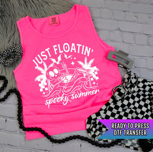 Just Floatin&#39; Spooky Summer DTF Transfer Ready For Press, Skeleton Pool Party Dtf Print, Heat Press Transfer, Direct To Film Custom Transfer