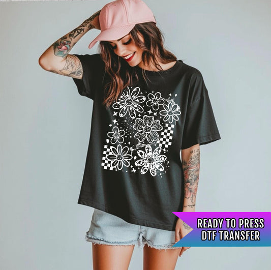 Groovy Daisy DTF Transfer Ready For Press, Heat Press Transfer, Checkerboard Flower Dtf Print, Retro Floral, Direct To Film, Custom Transfer