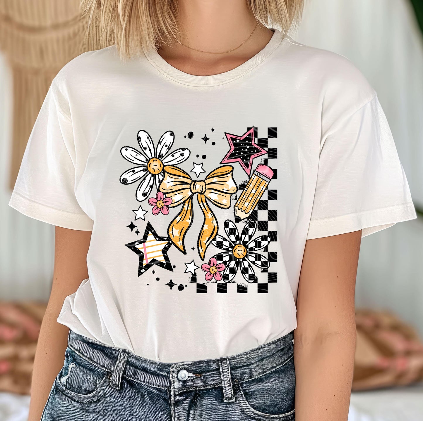Retro Checkerboard Flowers DTF Transfers Ready For Press, Back To School Dtf Prints, Direct To Film, Heat Press Transfers, Custom Transfers