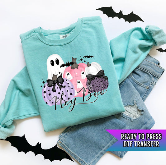 Hey Boo DTF Transfers, Pastel Halloween Ghost Pumpkin DTF Transfers Ready For Press, Heat Press Transfers, Direct To Film, Custom Transfers