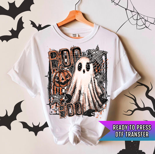 BOO Halloween DTF Transfer, Pastel Halloween Ghost Pumpkin DTF Transfer Ready For Press, Heat Press Transfer, Direct To Film Custom Transfer